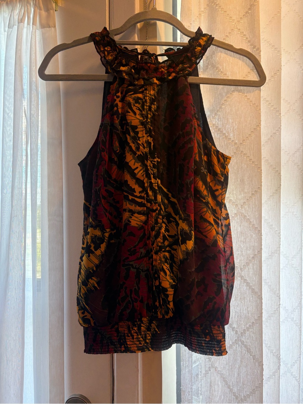 Sleeveless Halter Print Tank Top in Burgundy and Mustard